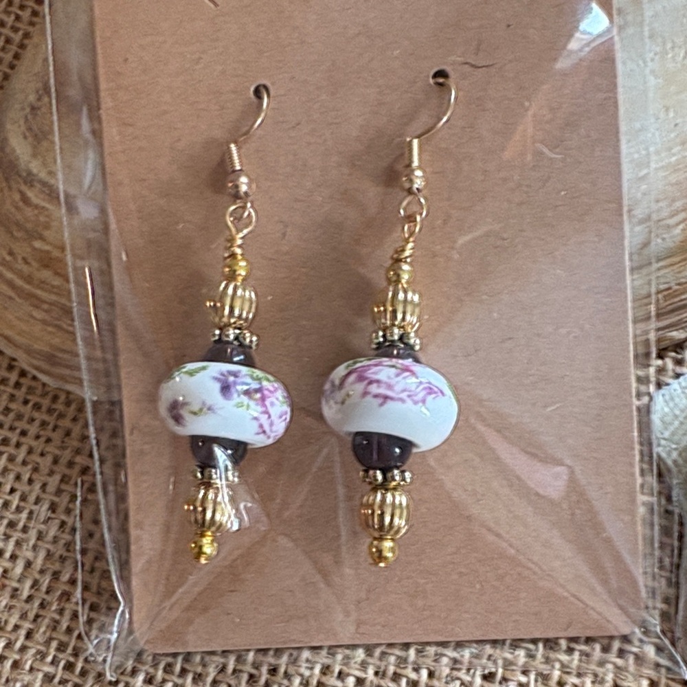 Floral Gold and White Beaded Earrings